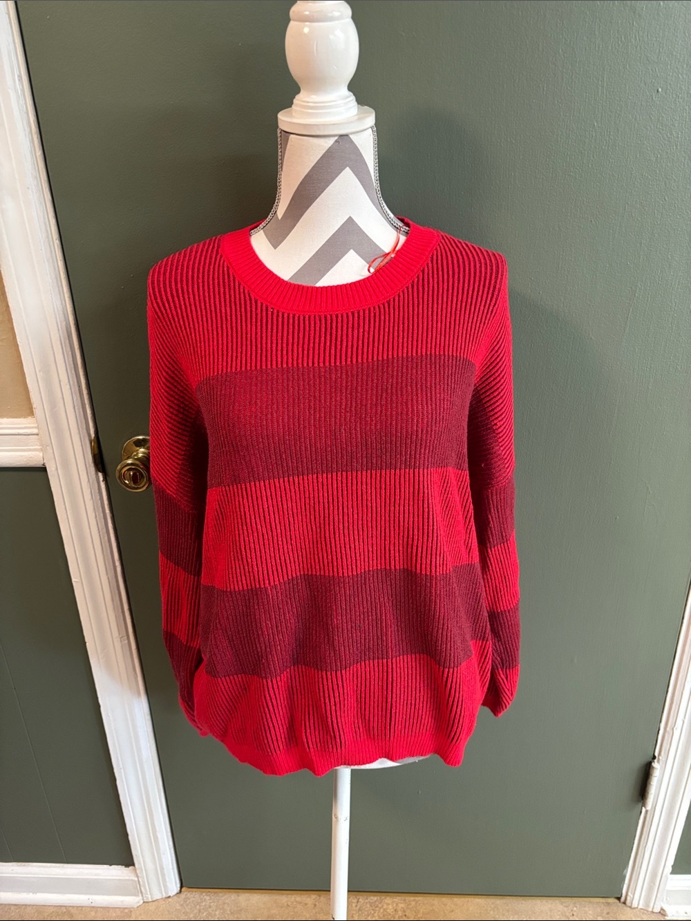 Classic Red Striped Ribbed Crewneck Sweater